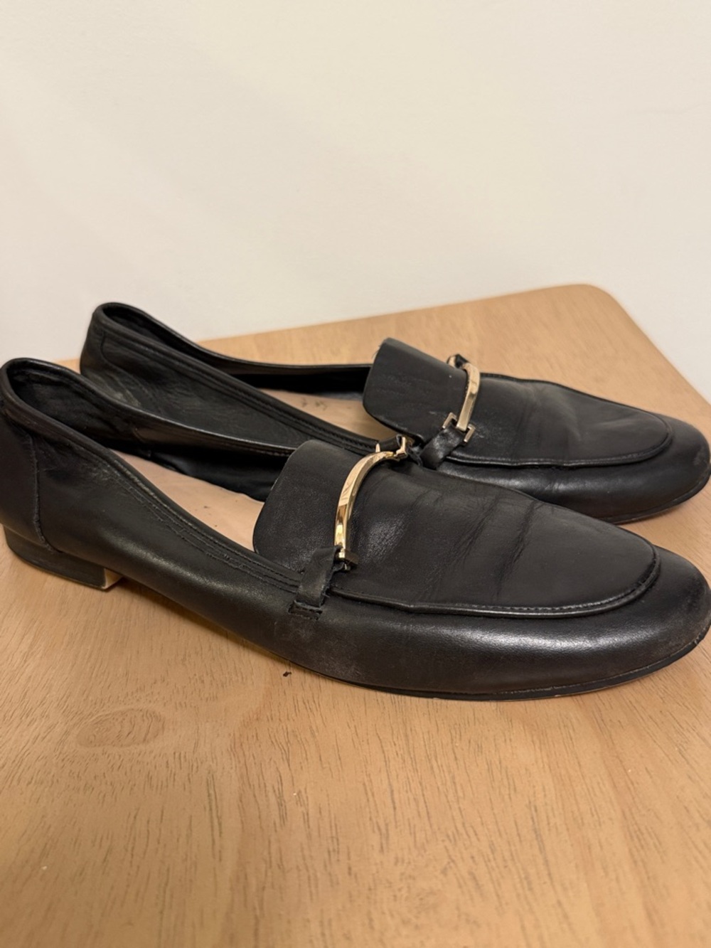 Aldo Black Leather Loafers with Gold Bar Detail